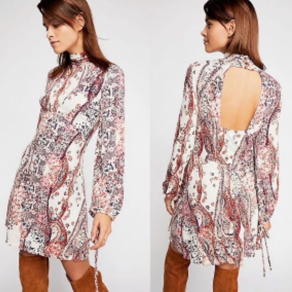 Free People All Dolled Up Knit Mini Dress Ivory Paisley Small NWT Boho Fall